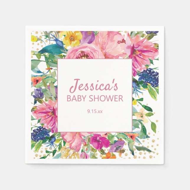 Yellow Blue Pink Baby Shower Gold Glitter White Napkins (Front)