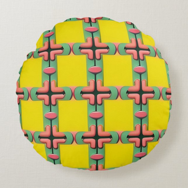 Yellow Blue Pink Geometric Plaid Pattern Round Pillow (Front)