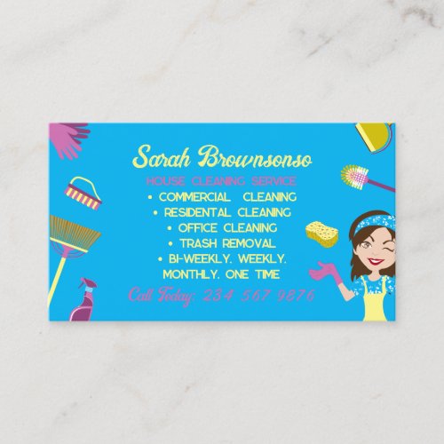 Yellow Blue Pink Housekeeper cleaning Janitorial Business Card