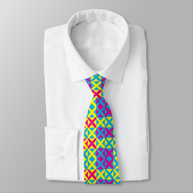 Yellow Blue Pink Square Geometric Pattern Neck Tie (Tied)