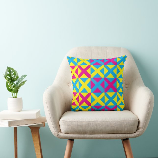 Yellow Blue Pink Square Geometric Pattern Throw Pillow (Chair)