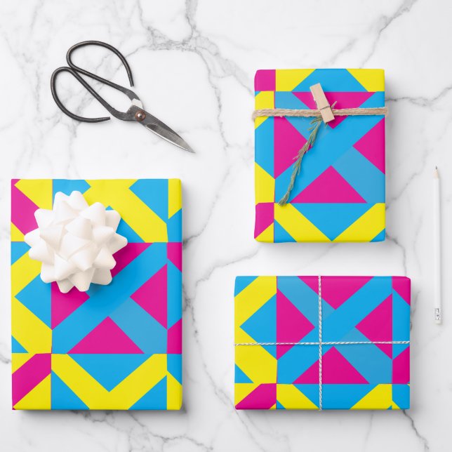 Yellow Blue Pink Square Geometric Pattern Wrapping Paper Sheets (Front)