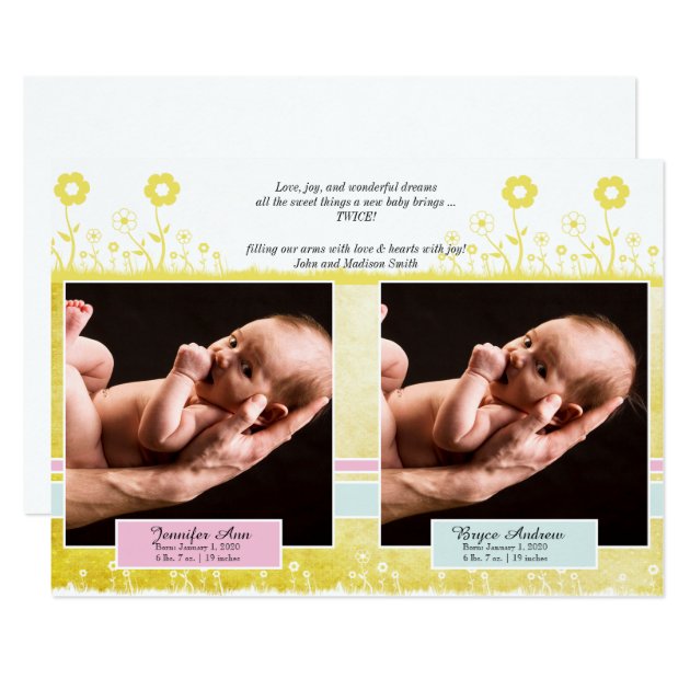 Yellow Blue Pink Twin Photo Baby Announcement