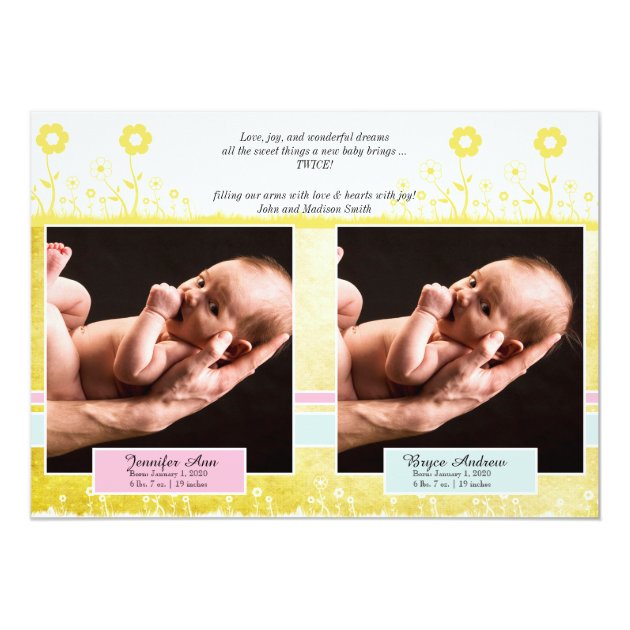 Yellow Blue Pink Twin Photo Baby Announcement