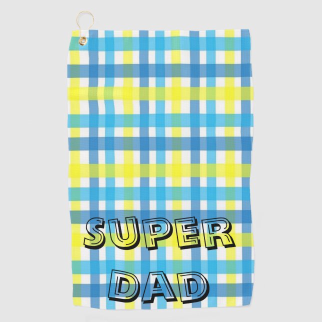 Yellow Blue Plaid Golf Towel Super Dad (Front)