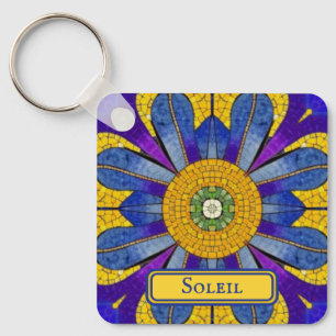 Yellow & Blue Provencal Mosaic add text both sides Keychain