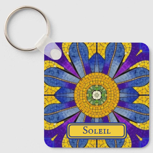 Yellow & Blue Provencal Mosaic add text both sides Keychain (Front)