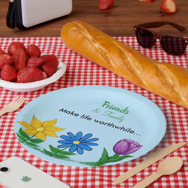 Yellow Blue Purple Floral Friends Family Paper Plates (Picnic)