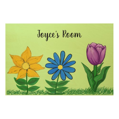 Yellow Blue Purple Flowers NAME Wood Wall Art