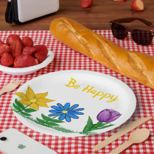 Yellow Blue Purple Garden Flowers  Paper Plates
