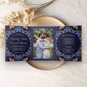 Yellow Blue Purple Mandala Indian Wedding Photo Tri-Fold Invitation
