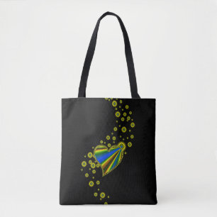 Yellow Blue Rainbow Heart with Stars on black Tote Bag