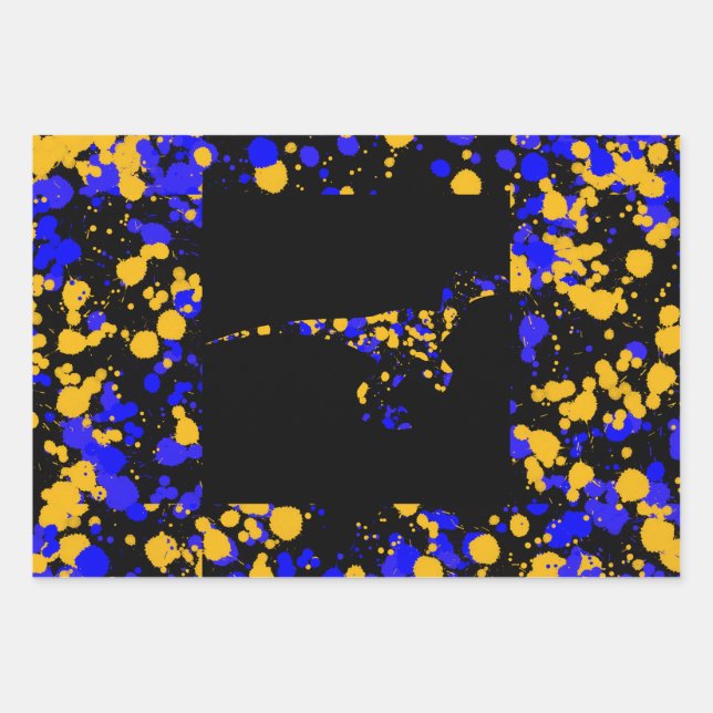 Yellow Blue Raptor Splattered Paint  Wrapping Paper Sheets (Front 3)