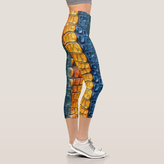 Yellow Blue Reptile Leather Capri Leggings (Right)