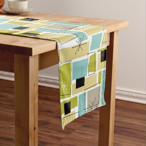 Yellow Blue Retro Squares Starburst Mid_century Short Table Runner