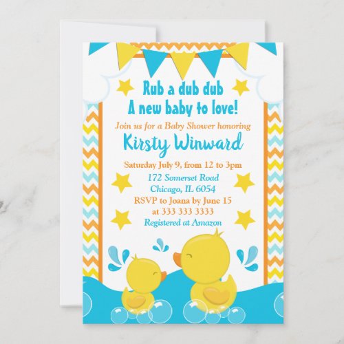 Yellow  Blue Rubber Ducky Polka Dot Baby Shower Invitation