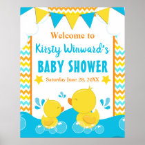Yellow & Blue Rubber Ducky Polka Dot Baby Shower Poster
