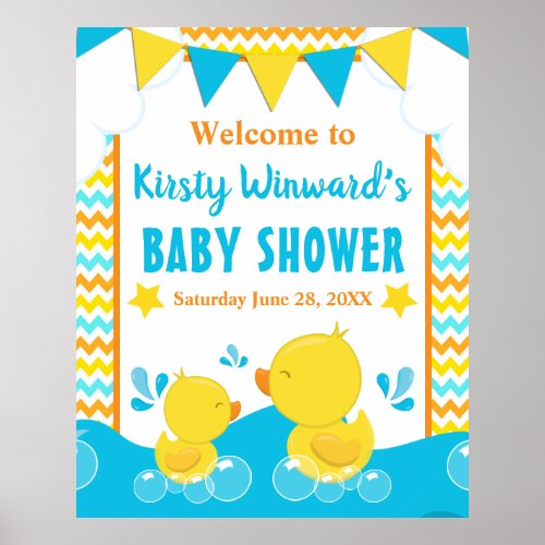 Yellow  Blue Rubber Ducky Polka Dot Baby Shower Poster