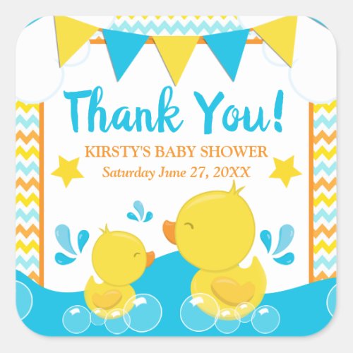 Yellow  Blue Rubber Ducky Polka Dot Baby Shower Square Sticker