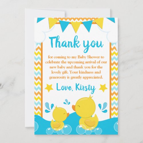 Yellow  Blue Rubber Ducky Polka Dot Baby Shower Thank You Card