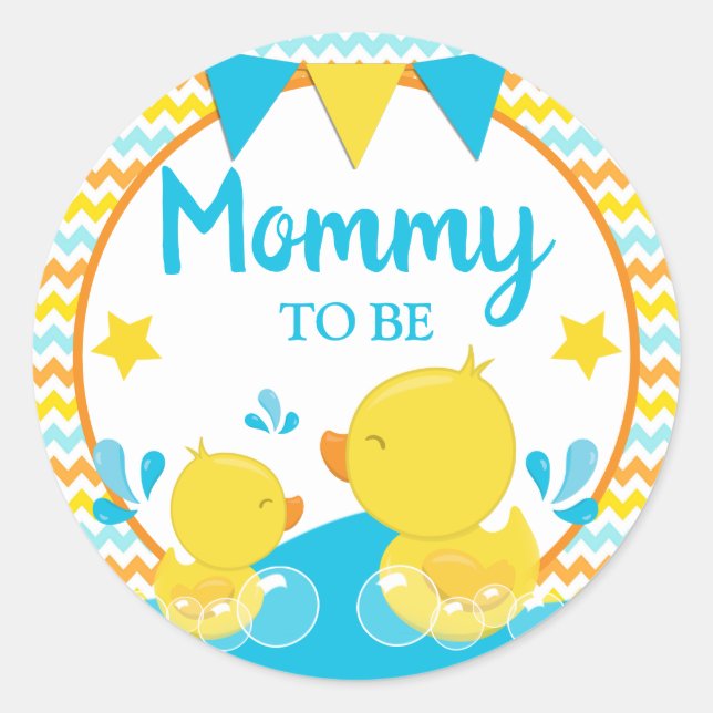 Yellow & Blue Rubber Ducky Polka Dot Mommy to be Classic Round Sticker (Front)