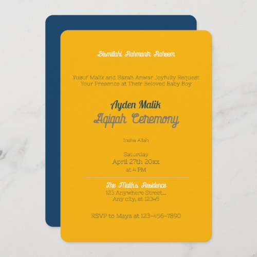 Yellow Blue Solid Color Plain Aqiqah Baby Shower Invitation