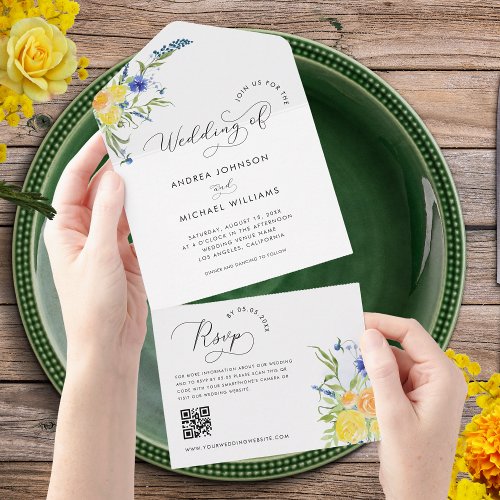 Yellow Blue Spring Wildflowers QR Code Wedding All In One Invitation