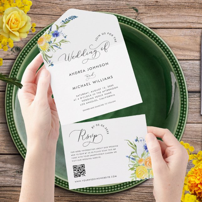Yellow Blue Spring Wildflowers QR Code Wedding All In One Invitation (Creator Uploaded)