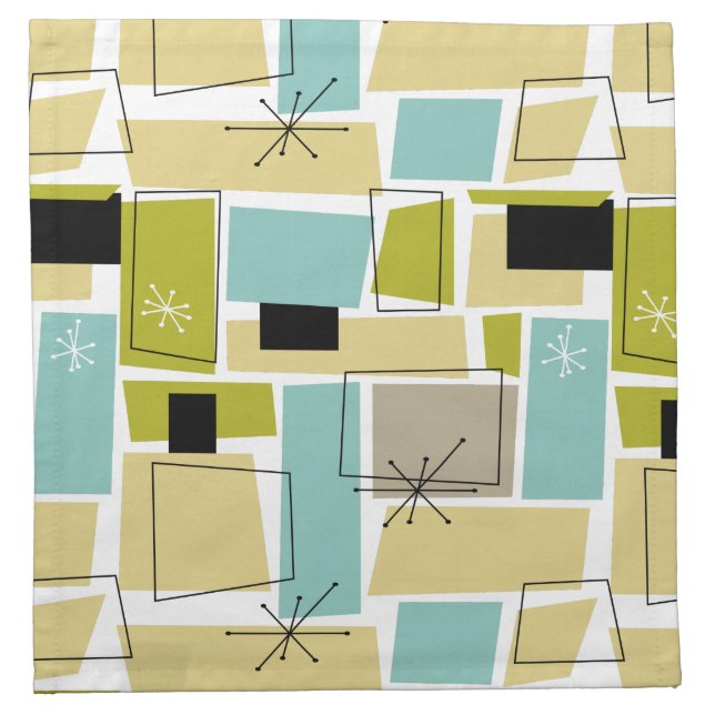 Yellow Blue Squares Starburst Mid Century Modern Cloth Napkin (Front)