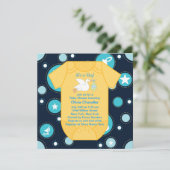 Yellow Blue Stork Baby Boy Shower Invitation (Standing Front)