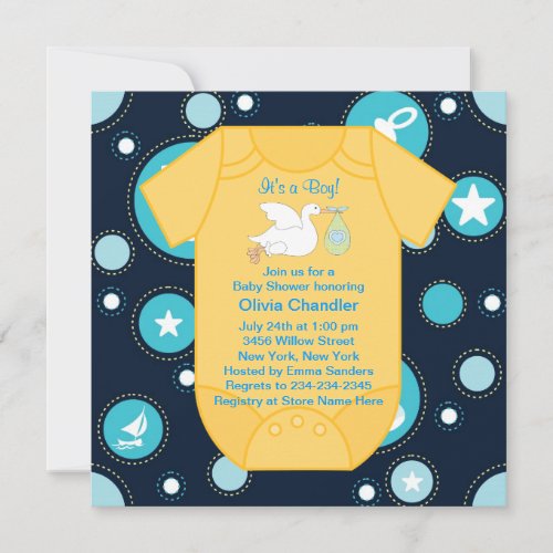 Yellow Blue Stork Baby Boy Shower Invitation