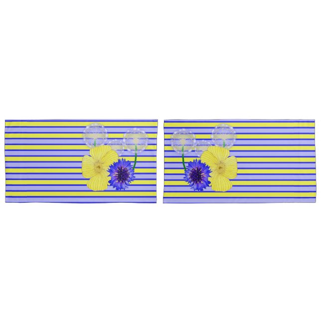 Yellow Blue Stripes Cornflowers Buttercups Pillow Case (Front-Set)