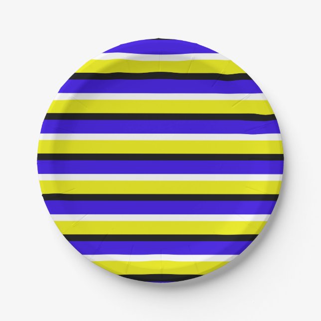 Yellow Blue Stripes Pattern Paper Plates (Front)