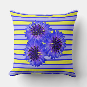 Yellow Blue Stripes With Cornflowers Throw Pillow