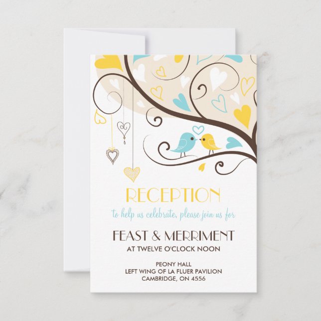 Yellow & Blue Summer Lovebirds Reception Card (Front)