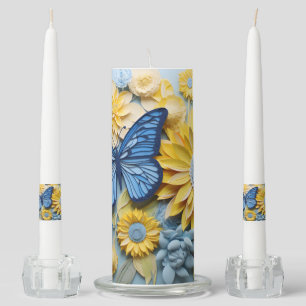 YELLOW & BLUE SUNFLOWERS AND BLUE BUTTERFLIES UNITY CANDLE SET