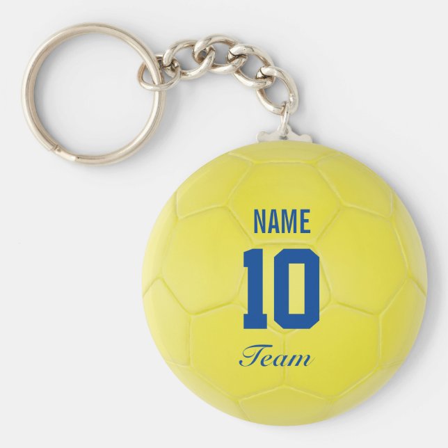 Yellow Blue Team Soccer Ball Personalized Name Keychain (Front)