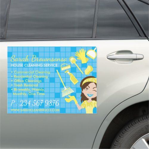 Yellow Blue Tile Pattern Lady Cleaning Maid Car Magnet