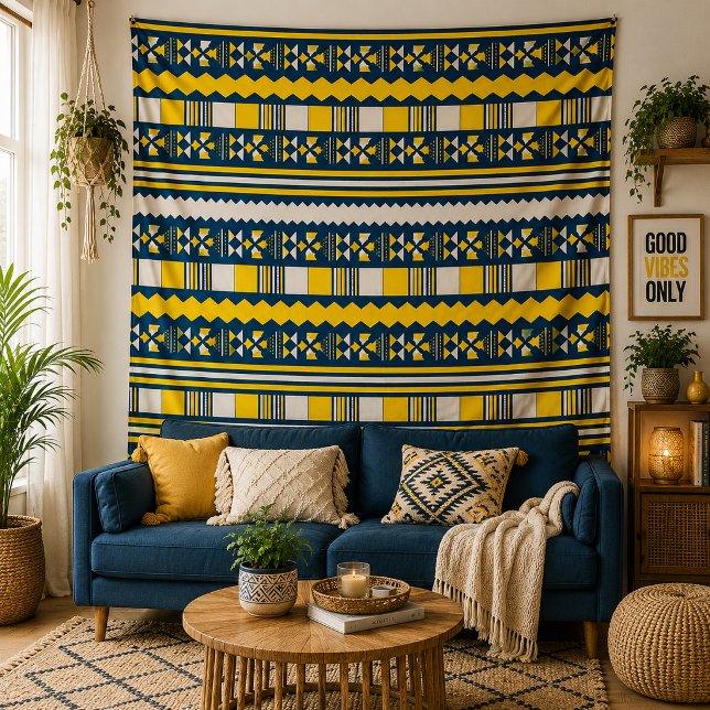 Yellow Blue Tribal Geometric Pattern Boho Wall Tapestry (Bold Geometry. Timeless Style.)