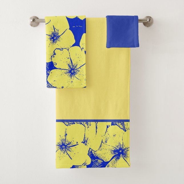 Yellow Blue Tropical Flowers Bath Towel Set (Insitu)
