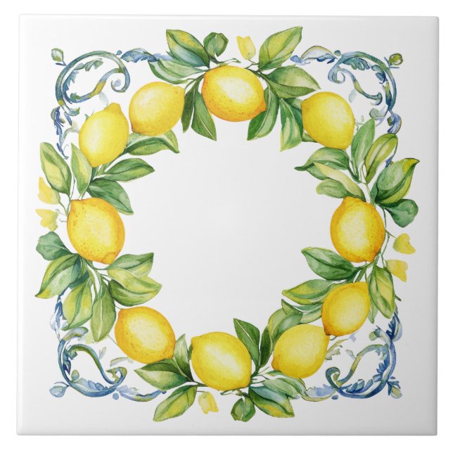 Yellow & Blue Tuscan Mediterranean Lemons Ceramic Tile (Front)