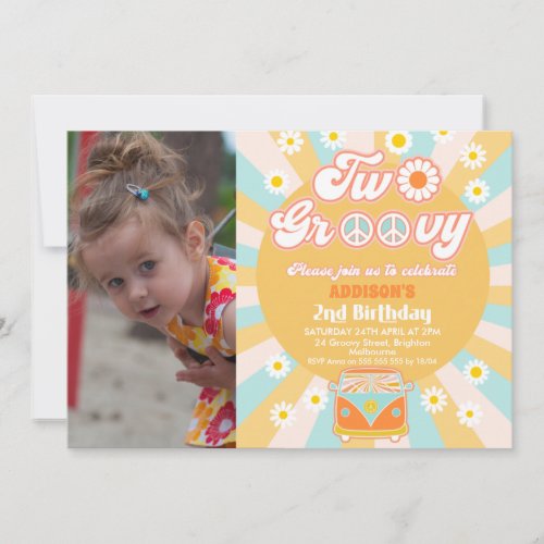 Yellow Blue Two Groovy Retro Photo 2nd Birthday Invitation