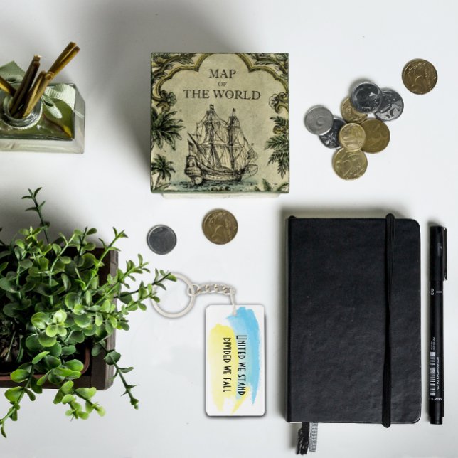 Yellow blue ukraine flag united we stand quote keychain (Creator Uploaded)