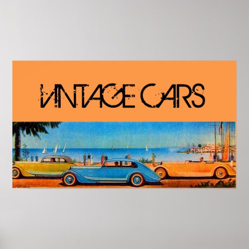 YELLOW BLUE VINTAGE CARS ON THE BEACH ROAD POSTER