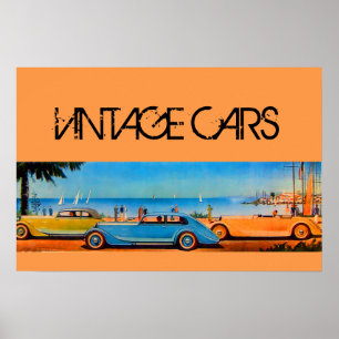 YELLOW BLUE VINTAGE CARS ON THE BEACH ROAD POSTER