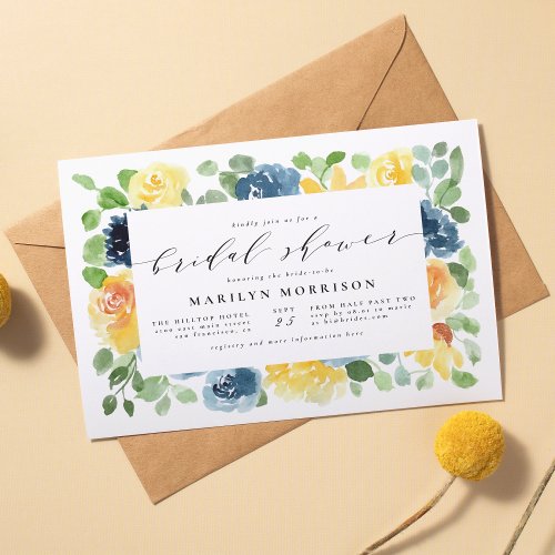 Yellow  Blue Watercolor Floral Bridal Shower Invitation