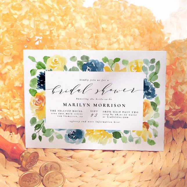 Yellow & Blue Watercolor Floral Bridal Shower Invitation (Creator Uploaded)