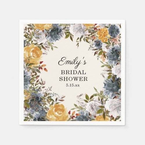 Yellow Blue Watercolor Floral Bridal Shower  Napkins