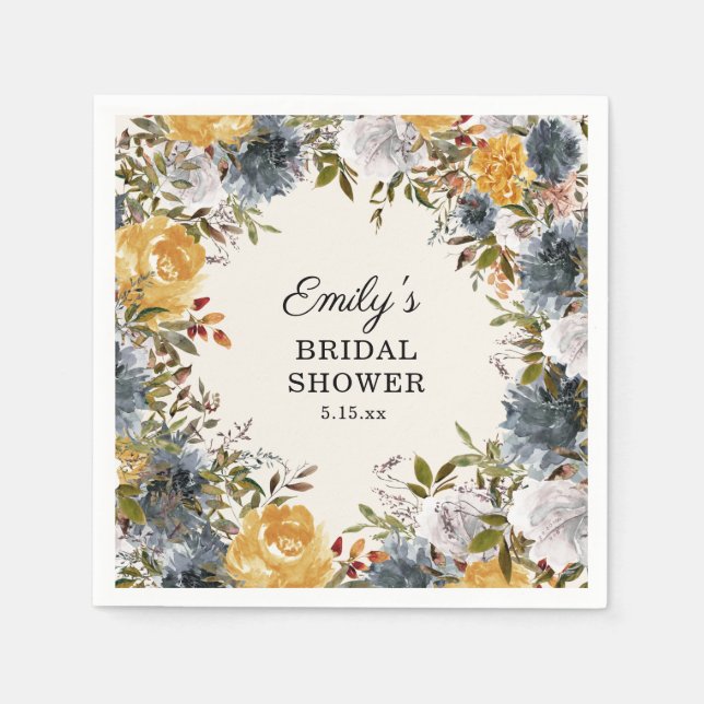Yellow Blue Watercolor Floral Bridal Shower  Napkins (Front)