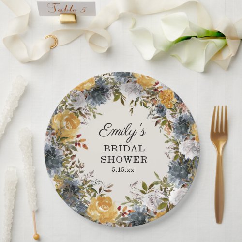 Yellow Blue Watercolor Floral Bridal Shower Paper Plates